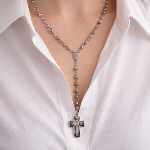 Vintage Rosary Necklace Sacred Heart Cross Religious Medal Beaded